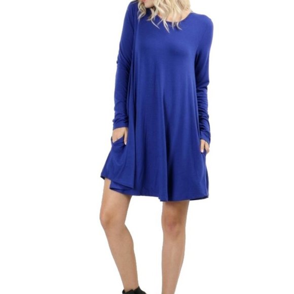 Royal Blue Long Sleeve Swing Dress w/ Side Pockets - Picture 7 of 9